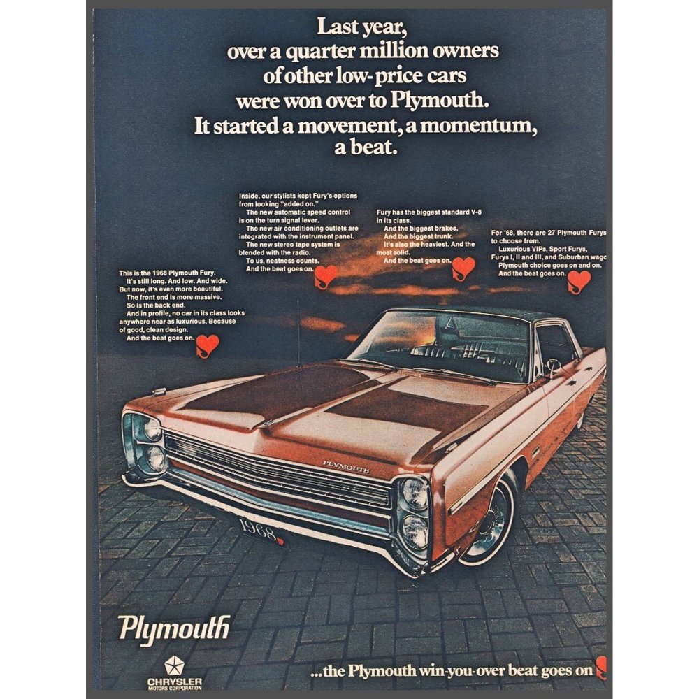 1968 Plymouth Fury Red Sedan Vintage Print Ad Sunset Man Cave Wall Art 10 x 13